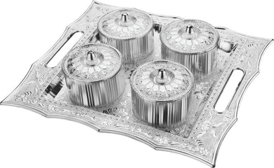 Silver Plated Fancy Dry Fruit Air Tight Bowls Tray with Lids 4 Section Snacks Mukhvas Dani