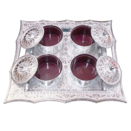 Silver Plated Fancy Dry Fruit Air Tight Bowls Tray with Lids 4 Section Snacks Mukhvas Dani