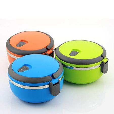 Round Shape Vacuum Lunch Dinner Tiffin Box for School Office with Inner Stainless Steel Material, Single Layer Lunch Box (700ML, Multi Color)