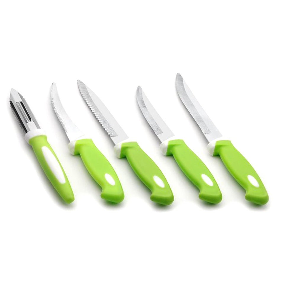 Stainless Steel Knife & Peeler Set with Plastic Unbreakable Stand - 6 Pcs