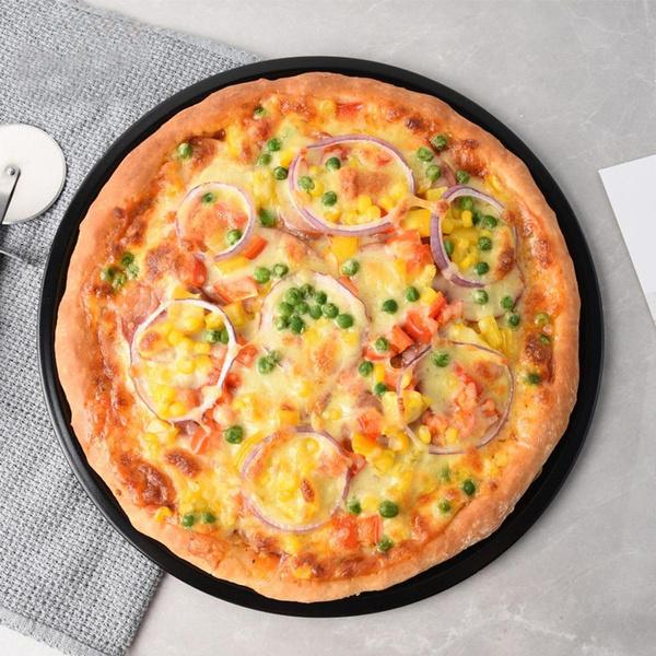 Carbon Steel Non-Stick Bakeware | Round Shape Plate | Cake Pizza Pan Baking Mould | Used in Microwave Oven, OTG | Baking Tools | Black (32cm x 32cm x 2 cm)