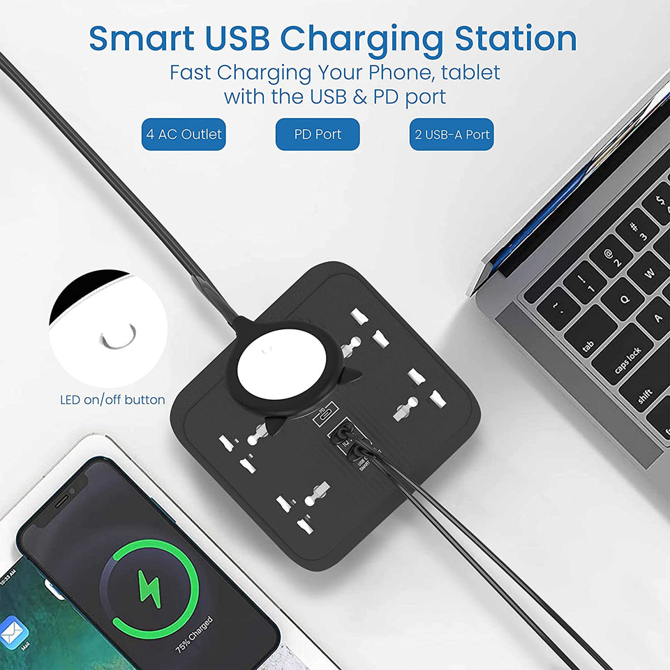 Multiuse 8 in 1 Multi-Plug Extension Board with Adjustable LED Table Lamp, 2.4Amp Dual USB + Type-C Fast Charging Ports, 4 Three-Pin Sockets, 2500W 3Mtr Extension Cord - Multicolor