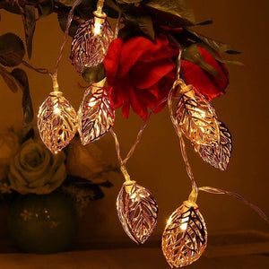 Premium Golden Metal Leaf String 16 Led Decorative Lights for Home Hanging Bedroom Birthday Party Decoration Romantic Mood Light