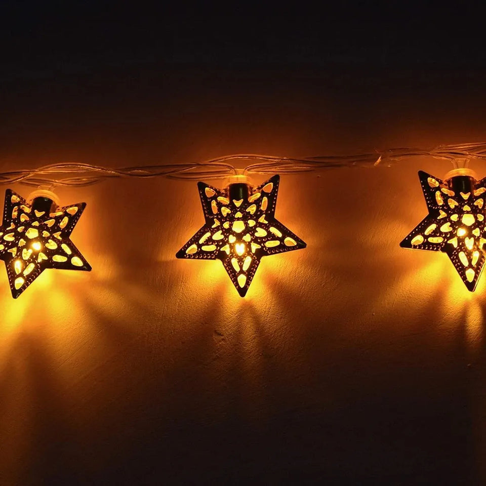 Golden Metal Star String 16 Led Decorative Lights for Home Hanging Bedroom Birthday Party Decoration Romantic Mood Light