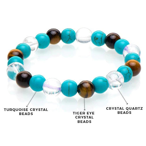 Triple Stone Ultimate Student Bracelet helps Studying, Mental Focus and Memory – Turquoise, Crystal Quartz & Tiger Eye – Bracelet for Student – Focus Bracelet - Gemstone Beaded Stretch Bracelet
