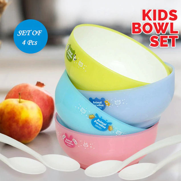 Plastic Animal Cartoon Colorful Plastic Bowl set, 4 Pieces Bowl with 4 Spoons for Kids