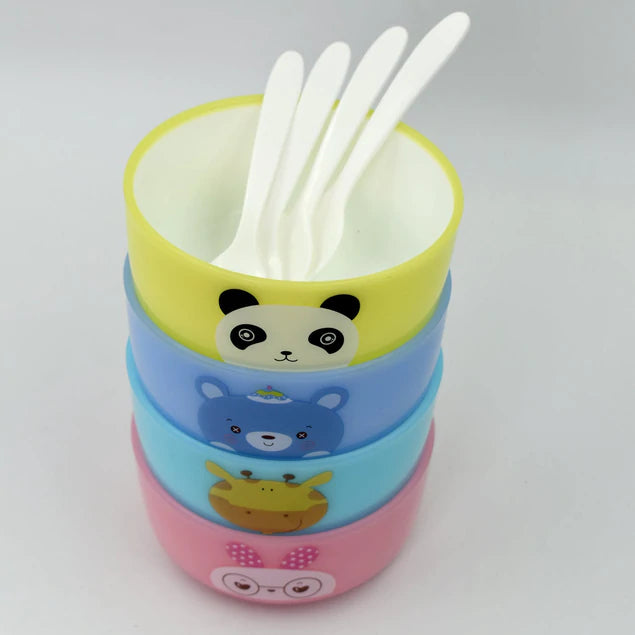 Plastic Animal Cartoon Colorful Plastic Bowl set, 4 Pieces Bowl with 4 Spoons for Kids