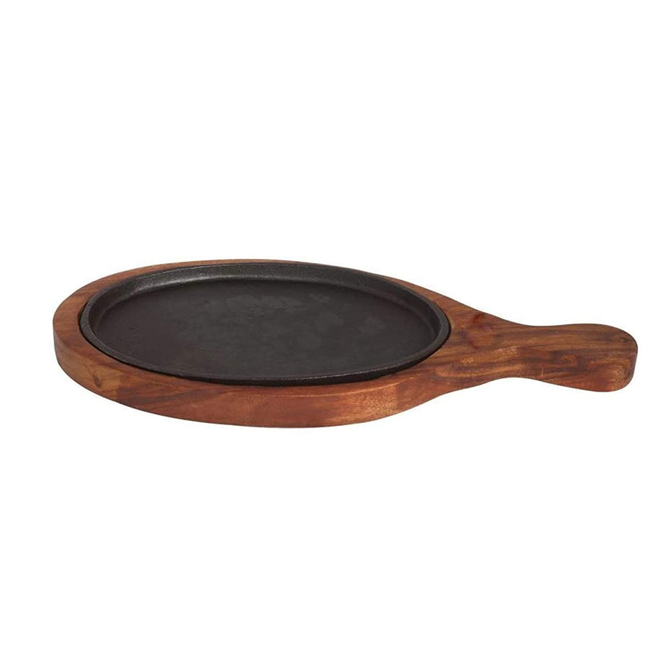 Iron Sizzler Plate with Wooden Plate /Stand Oval Sizzler for Sizzling Brownie Platter Long Handle 15" X 7" Inch