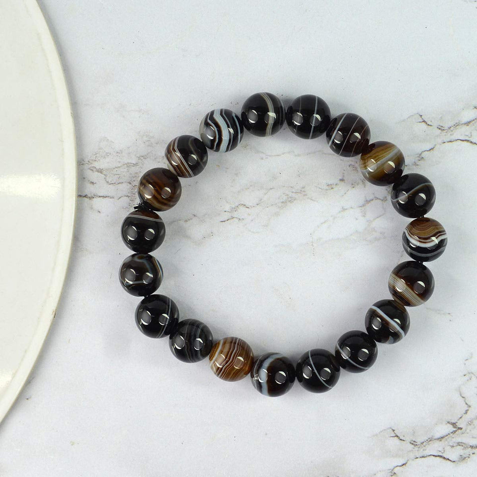 Black Sulemani Hakik / Banded Agate Onyx Bracelet  6 mm Beads Natural Crystal Healing Bracelet Gemstone Jewellery Beaded Stone Bracelet for Men & Women