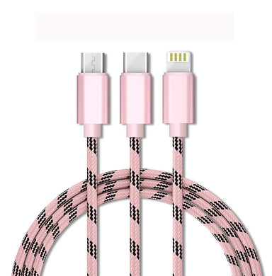 3 in 1 Nylon Braided Multiple USB Charger Cable Micro USB/Type C Compatible with Apple Android Tablet and More Device (1 Meter) - halfrate.in