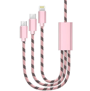 3 in 1 Nylon Braided Multiple USB Charger Cable Micro USB/Type C Compatible with Apple Android Tablet and More Device (1 Meter) - halfrate.in