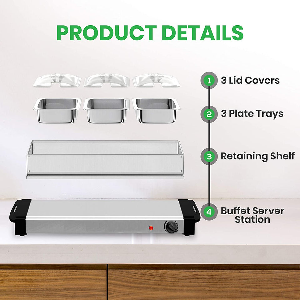 Jumbo Buffet Server & Food Warmer With 3 Removable Containers With Lids, Heated Warming Tray and Removable Tray Frame