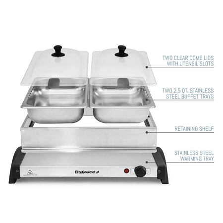 Buffet Server & Food Warmer With 2 Removable Containers With Lids, Heated Warming Tray and Removable Tray Frame