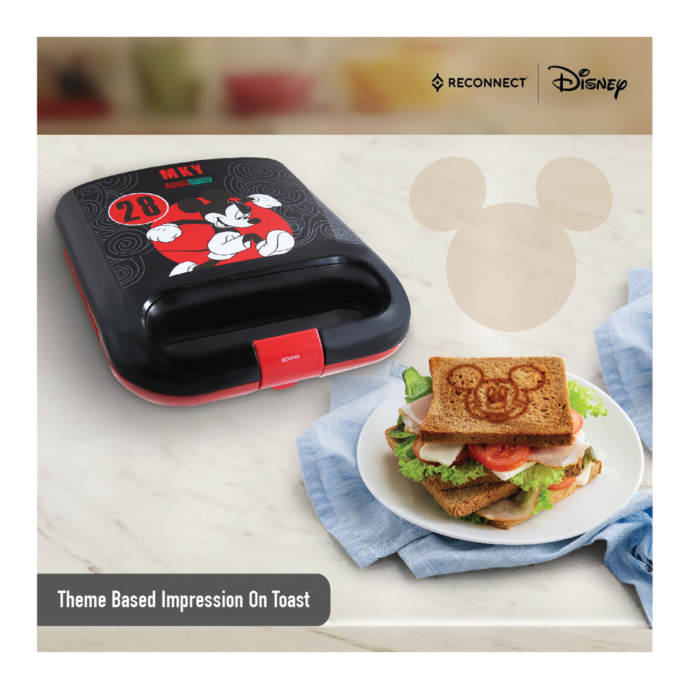 Reconnect Mickey 28 MKY Sandwich Maker with Theme Impression, Non-Stick Plates, Cool Coating for Burn-Free Touch, Heat-up Light Indicator, Lid Lock, Compact Vertical Storage