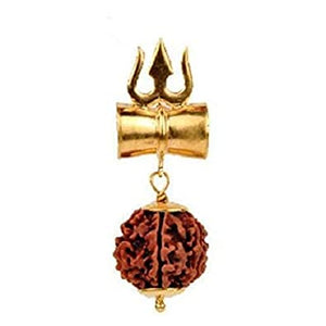 Shiv Shakti Kavach - 5 Mukhi Rudraksha Trishul Damru (Damaru) Locket/Pendant in Rudraksha mala - halfrate.in