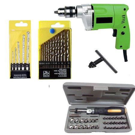 Saleshop365® Powerful Drill Machine 10mm with 13 HSS Bits 5 Masonry Bits and 41 pcs Screwdriver Toolkit - halfrate.in