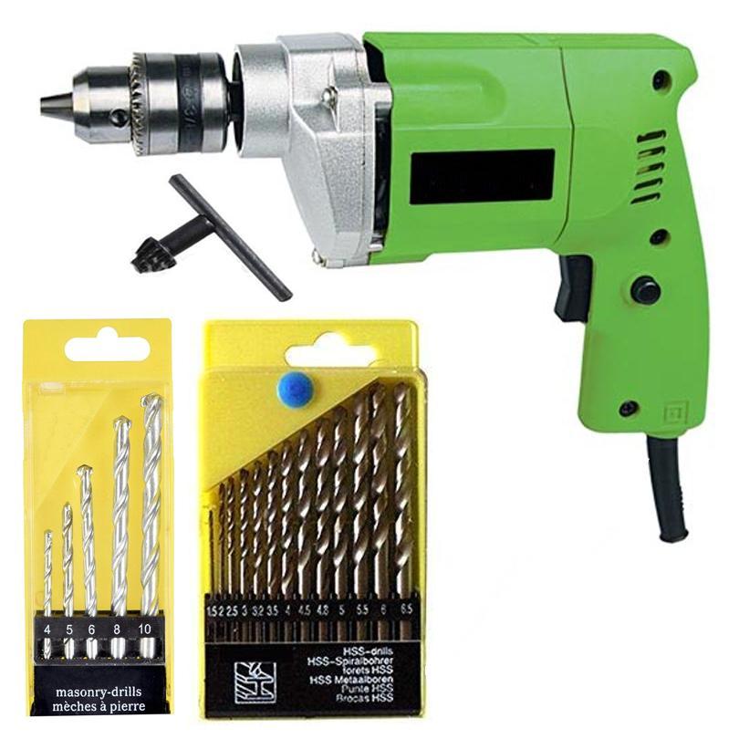 Saleshop365® Powerful 10Mm Drill Machine + 13 Pieces Hss Drill Set for Wood, Metal, Plastic and 5 Pieces Masonry Drill Set for Wall, Concrete - halfrate.in